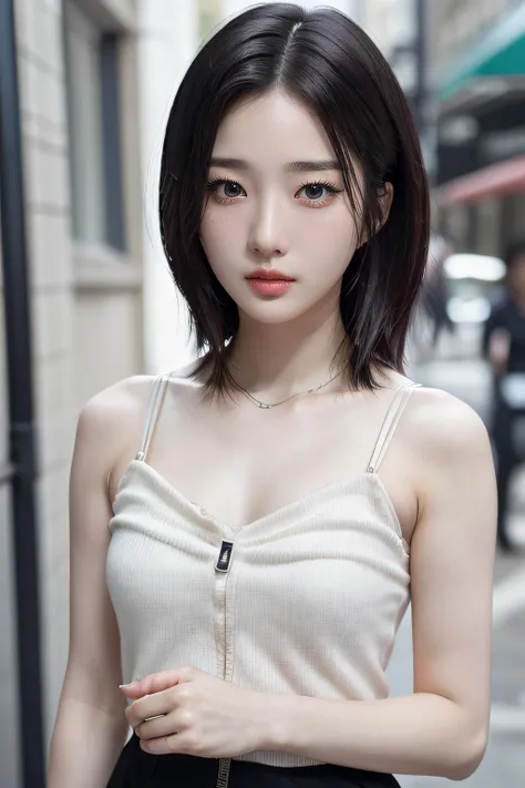 Happy birthday, 1 girl, influencer, name sophia, teenager, age17, alone, (((Short hair))) brown hair, ultra realistic, looking at viewer, black hair, bare shoulders, ((honey eyes)), body whole, dress, black jacket, ultra realistic, sexy, beautiful, white skin, well detailed, pink cheeks, red lips, ultra sexy, people in the background.