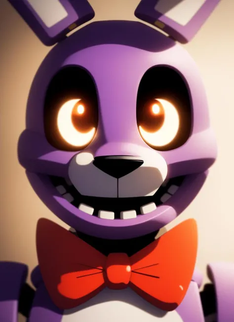 bonnie, robot, bowtie, portrait, close-up, solo, (best quality), (simple blurry background:1.2), looking at viewer, grin, smile, (horror lighting:1.3), <lora:bonnie-v1:1>
