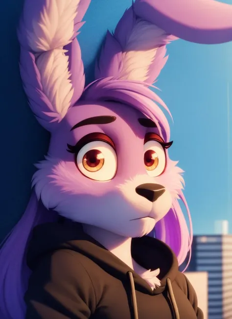 bonnie, furry female anthro, purple body, long hair, rabbit girl, portrait, close-up, (black hoodie:1.2), fur trim, solo, (body fur:1.2), (best quality), (detailed urban background:1.2), (detailed fluffy fur:1.1), looking at viewer, <lora:bonnie-v1:1>