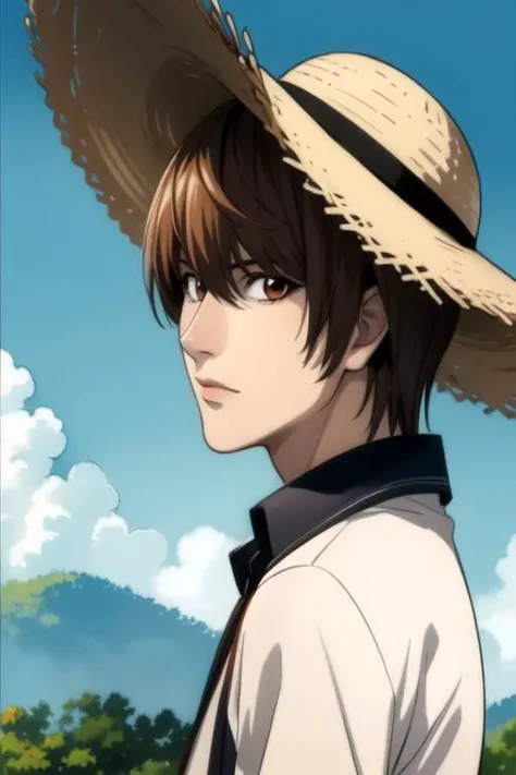 masterpiece, best quality, wallpaper, 1boy, solo, male focus, looking at viewer, upper body, , (watercolor illustration, soft pastel colors:1.1), , <lora:light_yagami:0.82>, light_yagami, , , straw hat, A magical kingdom where everything is perfect and everyone is happy,