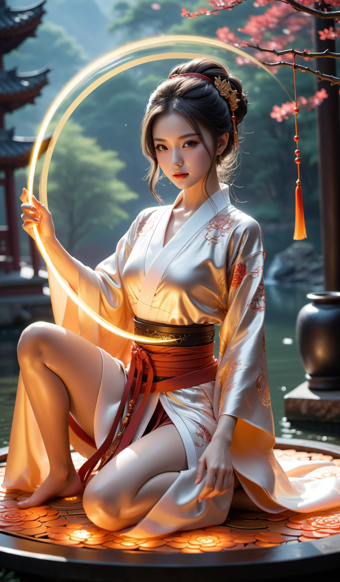 The Romance of the Gods, Princess Longji, Phoenix Mountain Qingluan Douque, Tiangong Holy Land, Yaochi Rui Palace,, the Wine Pond and the Meat Forest, the Divine Whip, the Apricot Yellow Flag, the Circle of Heaven and Earth, the Hun Tian Ling, the Hot Wheels, the Immortal Binding Rope, the Linglong Tower, the Demon Subduing Pestle, the Fantian Seal, the Yin Yang Mirror, the Hunyuan Golden Dou, and the Golden Jiao. Scissors, Tai Chi diagram, thunder whip,,
(Best quality,masterpiece,absurdres,ultra realistic:1.4),(close portrait:1.3),peerlessly idol, detailed eyes,(see-through_clothing),(Elegant),shine,glowing,sparkling,energy coalescing and vibrating,(dynamic angle,dynamic pose),whole_body,Lying down,sad,disdainful ,Around,flamboyant,holding glowing weapon, reflective light, soaring,
wearing kimono,(((miniskirt))),charming,alluring,seductive,enchanting,cleavage,exposed,(Dream_wave:1.22),
( wrap skirt, cardigan, ,),(hair comb, luminous flawless garnet (also a mineral), marquise cut, checkerboard cut facets, 3.00 carat, enchanting, eclat, wood, surface hardness, sturdiness, irradiation, twist setting, rare, exclusive, boho chic, prehistoric, custom and tradition),(crater lake, water snakes),(phantasmagoric hamlet),(gym/exercise room, Speakers,Mop and Bucket,coffee table,decorative cushions/pillows, ceramic tiles, Bonfire, strip lights (led strips)),
(Around floating colorful swirling petals:1.4)the most beautiful form of chaos,(hexagon:1.4),(colorful leaves:1),