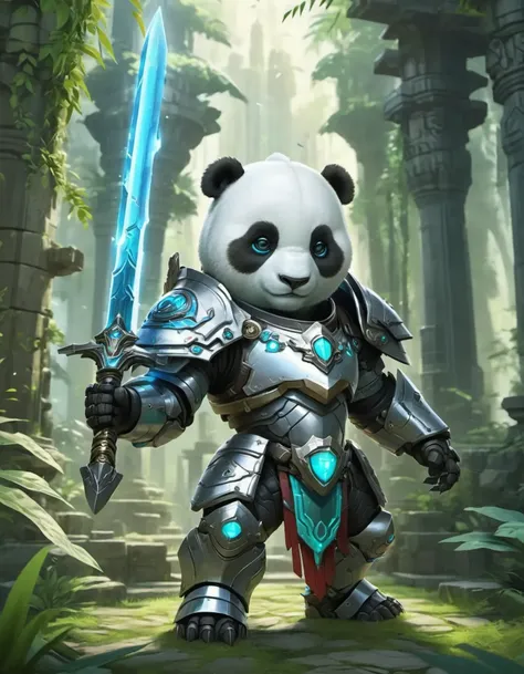 a super cute anthro humanoid male giant panda chibi knight, wearing mech armor, wielding glowing sword, helmet, fantasy jungle temple in background, BREAK, the ancient temple, adorned with intricate carvings and mystical symbols, depicts a super cute and epic panda chibi knight. Clad in mech armor, he wields a gleaming sword, a helmet, and a lush jungle temple in the background. The temple's lush greenery and towering vines add to the fantastical atmosphere of this unique and captivating creature.