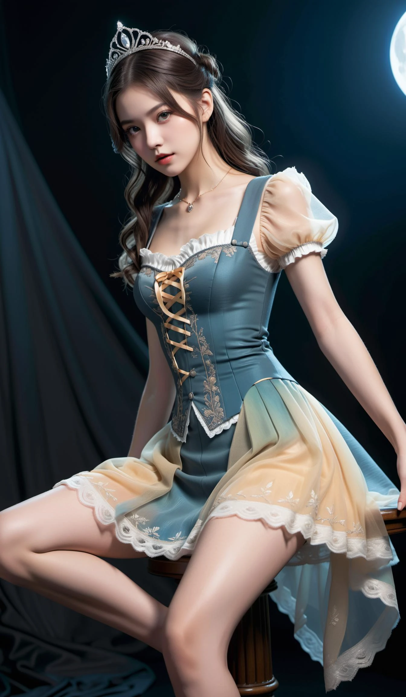 (Best quality,masterpiece,ultra realistic:1.3), (extremely intricate masterful beautiful:1.3), (hyperrealistic photography,Panorama,photorealistic:1.4),(extremely ultra-detailed),RAW, (natural skin, detailed skin),(skindentation:0.3),(rococo style:1.3),(Art Nouveau:1.3),(vivid colors:1.3),(close portrait:1.3),(((photo raw)),),(Beautiful fractal art:1.3),peerlessly beautiful idol, beautiful detailed eyes,(showing fashion wear,see-through tulle,chiffon clothing),(Elegant posture),shine,glowing,sparkling, film grain texture,analog photography aesthetic,dynamic composition,beautiful spirals,energy coalescing and vibrating,(dynamic angle,dynamic pose),(full_body:1.3),(W-sitting:1), disdainful ,(God's weapon:1.3),
gothic_ta,wearing see-through (gown:1),(((very short miniskirt))),charming,alluring,seductive,enchanting,cleavage,exposed,
(loose-fitting upper body clothing, quantum-stitch knit, webbed, ribbon tie, cap sleeves, Maxi Length, Empire Waist, Ombre Wash,,ripped or distressed look,suspender buttons,,patch,,illusion back,,Train),(chatelaine, polished loupe clean zircon, oval cut, table facets, 15.00 carat, colorful, glittered, zinc, surface hardness, tenacity, irradiation, solitaire setting, rare, antique, minimalist, vintage, custom and tradition),( skyscrapers mountain air),(nickel yellow pyro dust),(coven of the silver moon, polycarbonate panels,rubber roofing roof, Reflective Moonlight on Snow, in-ground well lights),
(Around floating colorful wind:1.4)the most beautiful form of chaos,
(floating_glowing colorful hexagon:1.3),
SimplePositiveXLv2,