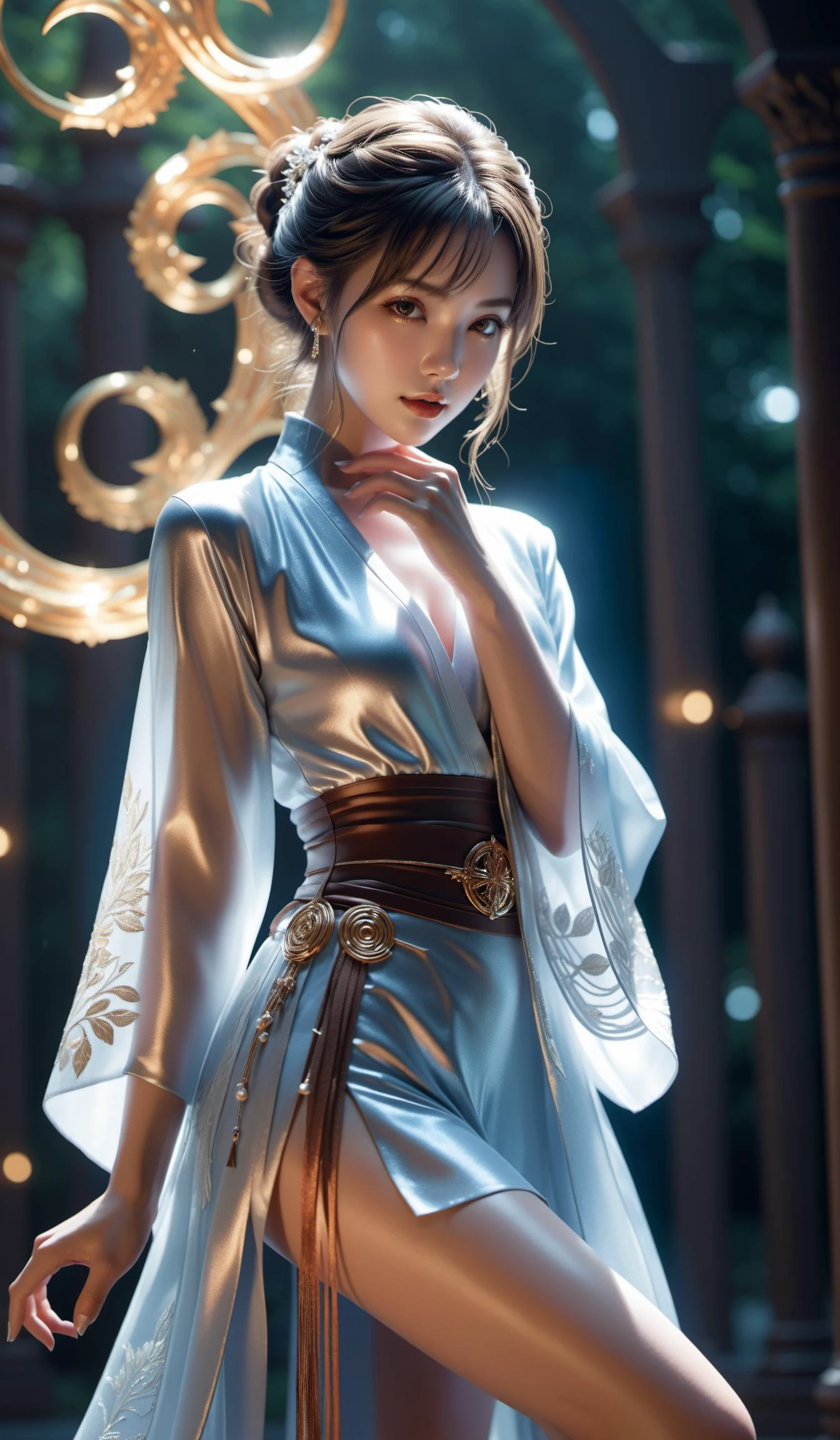 (Best quality,masterpiece,ultra realistic:1.3), (extremely intricate masterful beautiful:1.3),(hyperrealistic photography,Panorama,photorealistic:1.4),(extremely ultra-detailed),RAW, (natural skin, detailed skin),(skindentation:0.3),(Rococo:1.4),(Art Nouveau:1.3),(vivid colors:1.3),(close portrait:1.3),(Beautiful fractal art:1.3),(((photo raw)),),peerlessly beautiful idol, beautiful detailed eyes,(fashion wear,see-through_clothing),(Elegant posture),shine,glowing,sparkling, film grain texture,analog photography aesthetic,dynamic composition,beautiful spirals,energy coalescing and vibrating,(dynamic angle,dynamic pose),(full_body:1.3),kneeling ,sad,disdainful ,
wearing see-through kimono,(((very short miniskirt))),charming,alluring,seductive,enchanting,cleavage,exposed,
(female twenty-something, toned, african, hazel eyes, roman nose, angular jaw, , light chestnut fringe haircut hair, surprise, symbolic enchantment, tracing magical symbols in the air, sorcerer, Cryokinesis (mind over ice and cold) , crystal attunement, holding crystals to amplify magical energy, enchanted moonlight, timeless cauldron gathering, Obsidian stone, Moonlight, floodlights),(quiver (for arrows) ,,dog tag ),(medallion, shimmering included (i2) amber, trillion cut, brilliant cut facets, 7.00 carat, spellbinding, sheen, yellow gold, durability, sturdiness, dyeing, channel setting, cultured, rare find, modern, new age, personal growth),(underworld, forest),(iridescent nautical gravity sapphire),(holographic vendor arcade, high-strength nanotube girders,Rhyolite stone,metal cladding,polycarbonate roofing roof, Fluorescent Outdoor Fixtures,Tiki Torches with Fire, gobo lighting),
(Around floating colorful blood:1.4)the most beautiful form of chaos,
(square:1.4),
SimplePositiveXLv2,