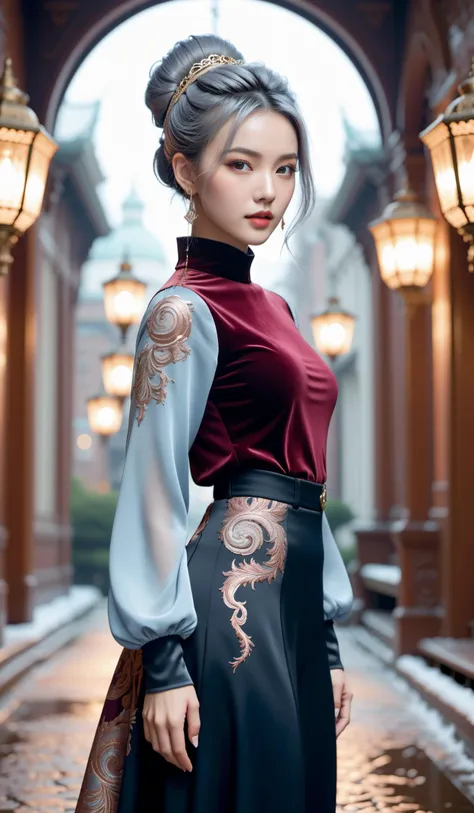 (Best quality,masterpiece,ultra realistic:1.3), (extremely intricate masterful beautiful:1.3),(hyperrealistic photography,Panorama,photorealistic:1.4),(extremely ultra-detailed),RAW, (natural skin, detailed skin),(skindentation:0.3),(Rococo:1.4),(Art Nouveau:1.3),(vivid colors:1.3),(close portrait:1.3),(Beautiful fractal art:1.3),(((photo raw)),),peerlessly beautiful idol, beautiful detailed eyes,(fashion wear,see-through_clothing),(Elegant posture),shine,glowing,sparkling, film grain texture,analog photography aesthetic,dynamic composition,beautiful spirals,energy coalescing and vibrating,(dynamic angle,dynamic pose),(whole_body:1.3),kneeling ,sad,disdainful ,
wearing see-through Burgundy sweater, navy blue corduroy pants,(((very short miniskirt))),charming,alluring,seductive,enchanting,cleavage,exposed,
(female early twenties, sleek, central asian, chestnut eyes, flared ears, symmetrical forehead, diamond face shape with angular cheeks, sculpted back, teeth, pastel blue beehive hairstyle hair, relief wearing maxi skirt with side slit, puff sleeve blouse, peep-toe heels, headwrap, cameo , arms folded, conveying defensiveness, oversized full body clothing, Off-Shoulder Neckline, damask, Jaguar Spot Texture, rolled sleeves, Tea Length, Empire Waist, Pencil Skirt, Waist Chain,,open back,,Ventilation,,Zipper Fly),(gravity-defying eye implants ,),(shining flashing chrysoberyl, glowing, palladium, scratch resistance, bleaching, common, artisanal, contemporary, celestial symbols),( steampunk city galaxy),(department store,bargain hunting,machinized,aged),(alien cultural exchange center, dynamic light manipulation panels, Wall-Mounted Sconces, lanterns (traditional or modern)),
(Around floating colorful snow:1.4)the most beautiful form of chaos,
(hexagon:1.4),
SimplePositiveXLv2,