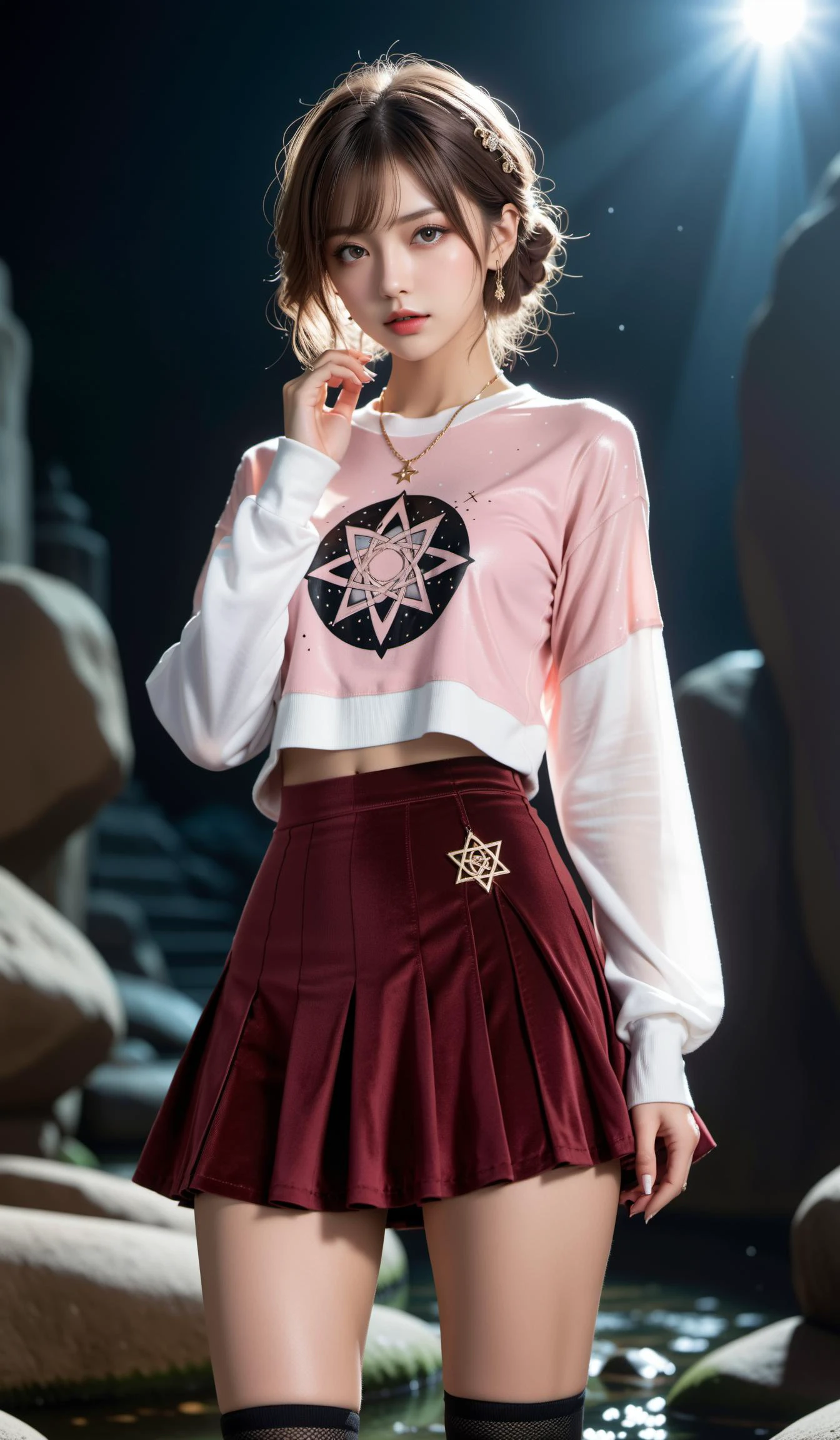 (Best quality,masterpiece,ultra realistic:1.3), (extremely intricate masterful beautiful:1.3),(hyperrealistic photography,Panorama,photorealistic:1.4),(extremely ultra-detailed),RAW, (natural skin, detailed skin),(skindentation:0.3),(Rococo:1.4),(Art Nouveau:1.3),(vivid colors:1.3),(close portrait:1.3),(Beautiful fractal art:1.3),(((photo raw)), Underlighting and Practical Lighting Lens Flare and Grain/Noise Texture and Bokeh Panorama , ,),peerlessly beautiful idol, beautiful detailed eyes,(fashion wear,see-through_clothing),(Elegant posture),shine,glowing,sparkling, film grain texture,analog photography aesthetic,dynamic composition,beautiful spirals,energy coalescing and vibrating,(dynamic angle,dynamic pose),(full_body:1.3),kneeling ,sad,disdainful ,
holding glowing sword, reflective light, streaming tears,(blood splatter:1.2),(blood:1.5),
gothic_lolita,wearing see-through Pink sweater, brown corduroy skirt,(((very short miniskirt))),charming,alluring,seductive,enchanting,cleavage,exposed,(Dreamwave:1.22),
(),(charm bracelet, eclipsing very, very slightly included (vvs1) ruby, mixed cut, culet facets, 15.00 carat, spellbinding, dull, fabric, scratch protection, hardy, bleaching, four-prong setting, rare, collectible, timeless, vintage, religious symbols),(ocean, auroral display,constellation,darkness),(whisplike pond),(time-warping party hangar, bio-engineered glow-in-the-dark paints, Luminescent Deep-Sea Creatures,Outdoor Fire Pit, floodlights),
(Around floating colorful rocks:1.4)the most beautiful form of chaos,
(hexagram:1.4),
SimplePositiveXLv2,