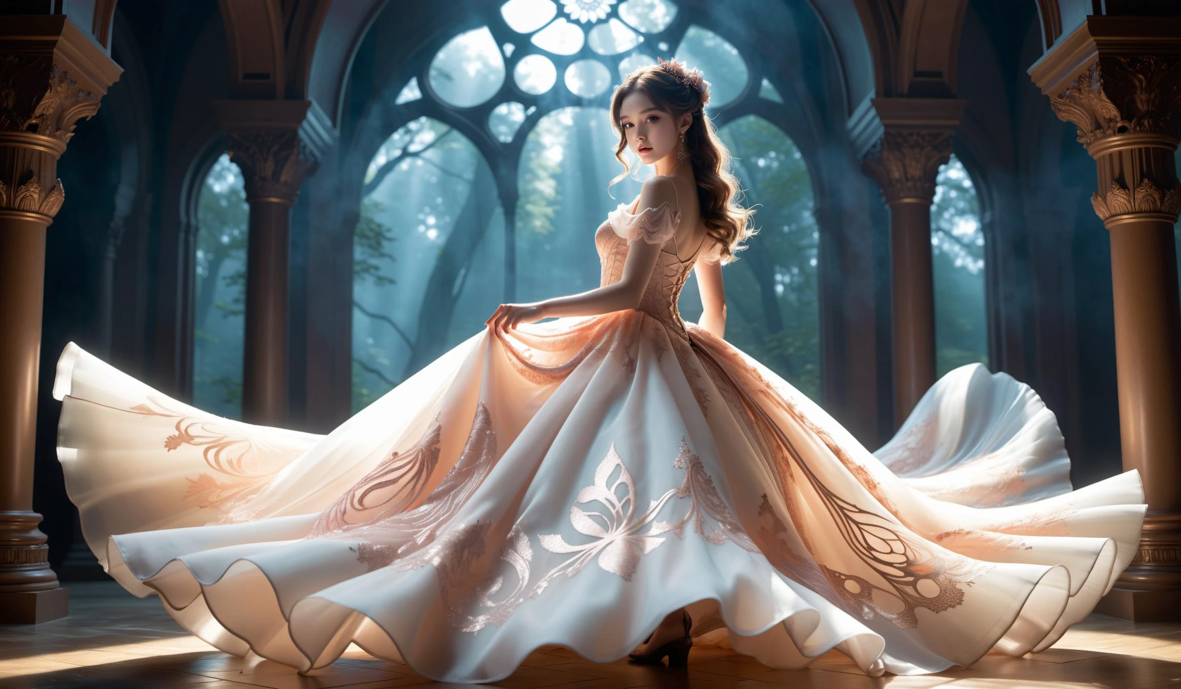 (Best quality,masterpiece,ultra realistic:1.3), (extremely intricate masterful beautiful:1.3), (hyperrealistic photography,Panorama,photorealistic:1.4),(extremely ultra-detailed),RAW, (natural skin, detailed skin),(skindentation:0.3),(rococo style:1.3),(Art Nouveau:1.3),(vivid colors:1.3),(Beautiful fractal art:1.3),( ((photo raw)), Gobo Lighting Shadow/Highlight Enhancement , ,),peerlessly beautiful idol, beautiful detailed eyes,(showing fashion wear,see-through tulle,chiffon clothing),(Elegant posture),shine,glowing,sparkling,dynamic composition,beautiful spirals,energy coalescing and vibrating,(dynamic angle,dynamic pose),whole_body,kneeling , disdainful ,asd,
gothic_ta,wearing see-through ballgown,
(augmented reality print rosegold),(shining glowing agate, lustrous, acrylic, toughness, enhancement, common, minimalist, antique, mystical and occult),(procedural generation architecture nebula manta ray),(ivory void blood),(fairy-lit forest tea house, Soapstone stone, Bioluminescent Phytoplankton,Fireflies, rim lighting),
SimplePositiveXLv2,