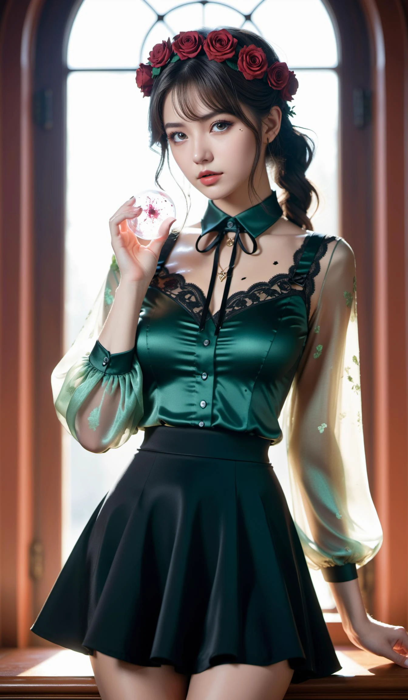 (Best quality,masterpiece,ultra realistic:1.3), (extremely intricate masterful beautiful:1.3),(hyperrealistic photography,Panorama,photorealistic:1.4),(extremely ultra-detailed),RAW,(Rococo:1.4),(Art Nouveau:1.3),(vivid colors:1.3),(close portrait:1.3),(Beautiful fractal art:1.3),(((photo raw)), Silhouette Lighting and Soft Edge Lighting Shadow/Highlight Enhancement and Reflection/Refraction , ,),peerlessly beautiful idol, beautiful detailed eyes,(fashion wear,see-through_clothing),(Elegant posture),shine,glowing,sparkling, film grain texture,analog photography aesthetic,dynamic composition,beautiful spirals,energy coalescing and vibrating,(dynamic angle,dynamic pose),(Close-up photo:1.3),sitting,sad,disdainful ,
auspicious,flamboyant,
holding glowing gun, streaming tears,(blood splatter:1.2),(blood:1.5),
gothic_ta,wearing see-through Green button-up shirt, black leggings,(((very short miniskirt))),charming,alluring,seductive,enchanting,cleavage,exposed,(Dreamwave:1.22),
( enchanted skirt, sorceress gowns, flower crown, lip piercings ),(resplendent vivacious amethyst, resinous, acrylic, endurance, filling, semi-precious, antique, new age, talisman and amulets),( supernova marsh grass),(smoke gray umbra arcane morganite),(music room/studio, Clocks,pillowcases,vacuum cleaner,Cleaning Cloths, luxury vinyl tiles,Tapestry Rosepath tapestry, Fireplace, task lighting),
(Around floating colorful magma:1.4)the most beautiful form of chaos,
(ColoredBubbles:1.4),