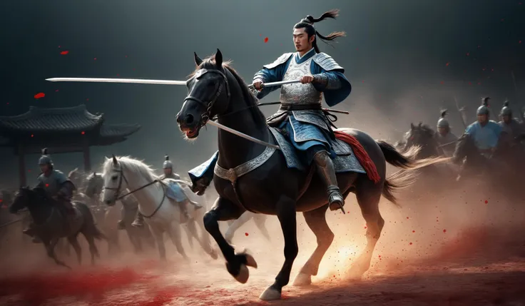 (((ZhaoYun))),Zhao Yun, riding a horse, one horse is worth a thousand, the Three Kingdoms era, ancient Chinese battlefield,thousands of troops and horses, charging into battle,attacking cities and plundering territory,holding spear, bending bows and swords,
(Best quality,masterpiece,absurdres:1.4),shine,glowing,sparkling,(dynamic angle,dynamic pose),(full_body:1.3),sad,disdainful ,auspicious,flamboyant,
(blood splatter:1.2),(blood:1.5),