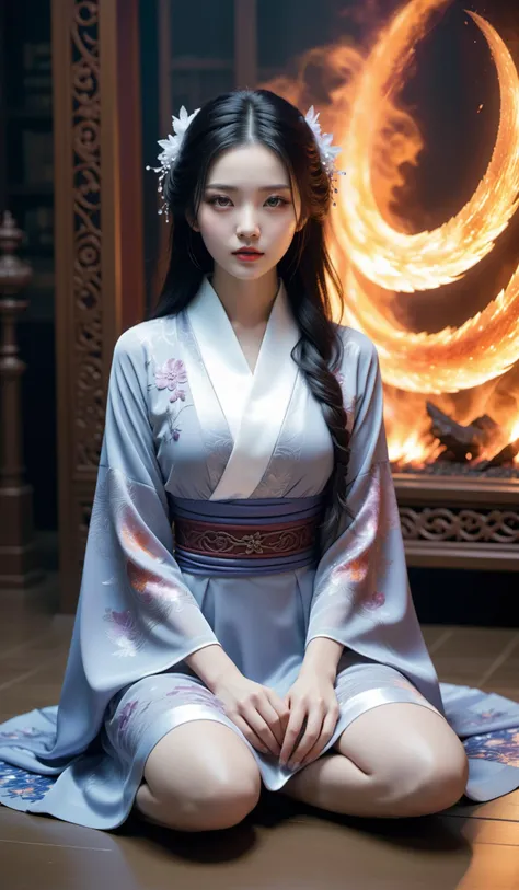 (Best quality,masterpiece,ultra realistic:1.3), (extremely intricate masterful beautiful:1.3),(hyperrealistic photography,Panorama,photorealistic:1.4),(extremely ultra-detailed),RAW, (natural skin, detailed skin),(skindentation:0.3),(Rococo:1.4),(Art Nouveau:1.3),(vivid colors:1.3),(close portrait:1.3),(Beautiful fractal art:1.3),(((photo raw)),),peerlessly beautiful idol, beautiful detailed eyes,(fashion wear,see-through_clothing),(Elegant posture),shine,glowing,sparkling, film grain texture,analog photography aesthetic,dynamic composition,beautiful spirals,energy coalescing and vibrating,(dynamic angle,dynamic pose),(full_body:1.3),kneeling ,sad,disdainful ,
wearing see-through cheongsam,(((very short miniskirt))),charming,alluring,seductive,enchanting,cleavage,exposed,
(female yuki-onna, japanese snow ghost, female, cold ethereal beauty, burial robe, long black hair, pale skin, haunting eyes,  winter, snow, haunting, supernatural, stygical, demonic expression, late twenties, lithe, gypsies, ruby red eyes, split ears,  pointed chin with cleft, unique jaw, smooth cheeks,  pear face shape, artistic tattoos,  , auburn mohawk hair, boredom, seated, surrounded by books and scrolls, deep in thought,     wearing  sorceress robe,    stole , stun (superfluid,Radiant,Elysian,Illusionary,curved lines,perpendicular liness,Mindfulness,hemisphere,circle  magic:1.3), crystal attunement, holding crystals to amplify magical energy, glowing runes),(),(mesmerizing colorful tanzanite, glittered, ceramic, robustness, filling, exclusive, edgy, industrial, cultural symbols),( lunar landscape waterlogged path,public art installation,noise pollution,mantel),(gray turbulent dust),(examination room, smartphone, Quartzite stone,Slit Weave tapestry, High-Intensity Discharge Lamps,Campfire, wall washers),
(Around floating colorful fire:1.4)the most beautiful form of chaos,
(square:1.4),
SimplePositiveXLv2,