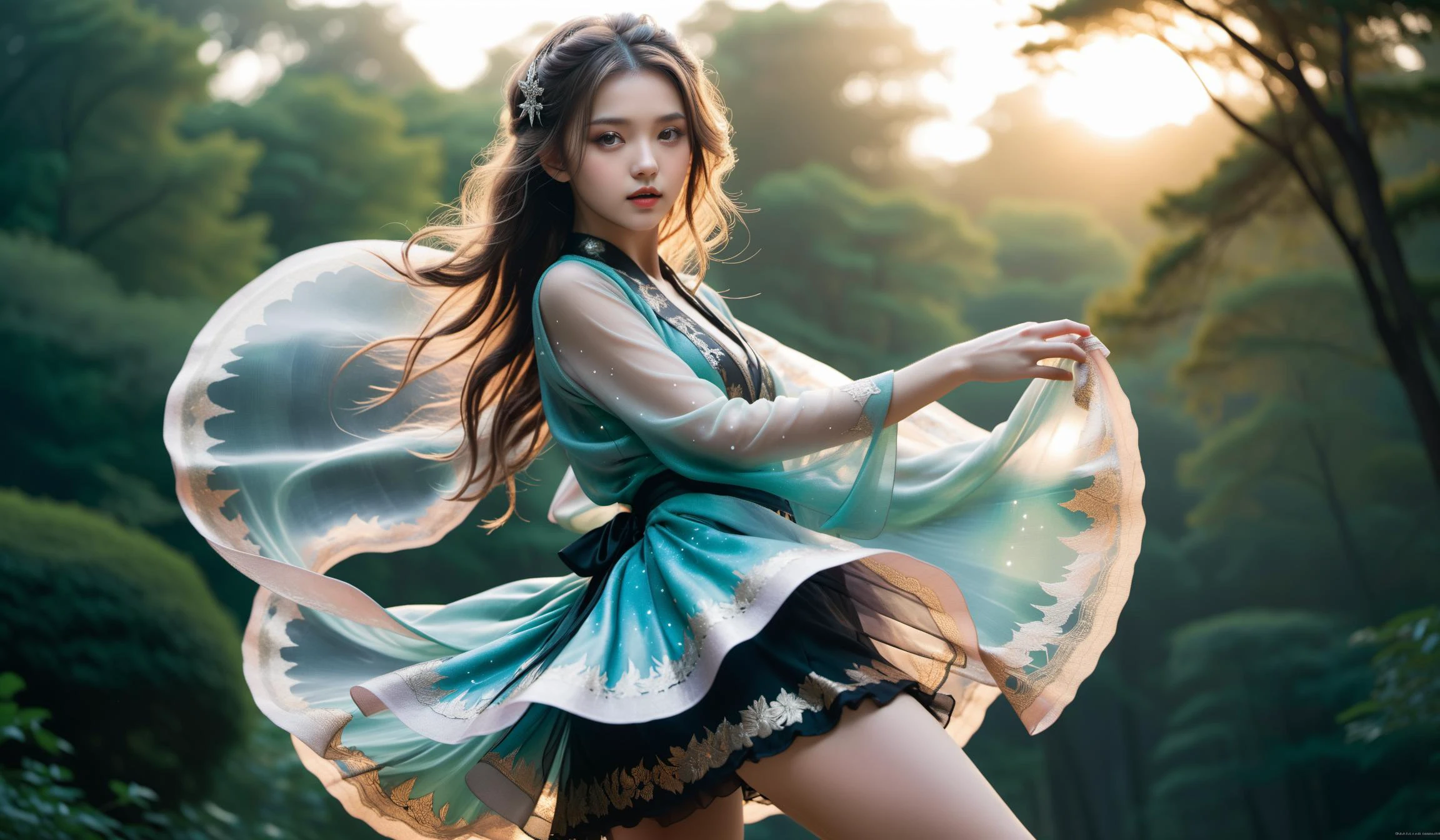 (Best quality,masterpiece,ultra realistic:1.3), (extremely intricate masterful beautiful:1.3), (hyperrealistic photography,Panorama,photorealistic:1.4),(extremely ultra-detailed),RAW, (natural skin, detailed skin),(skindentation:0.3),(Art Nouveau:1.3),(vivid colors:1.3),(close portrait:1.3),(((photo raw)),),(Beautiful fractal art:1.3),peerlessly beautiful idol, beautiful detailed eyes,(showing fashion wear,see-through tulle,chiffon clothing),(Elegant posture),shine,glowing,sparkling, film grain texture,analog photography aesthetic,dynamic composition,beautiful spirals,energy coalescing and vibrating,(dynamic angle,dynamic pose),(whole_body:1.3),(lie_down:1), sad,disdainful ,
gothic_ta,wearing see-through (kimono:1),(((very short miniskirt))),charming,alluring,seductive,enchanting,cleavage,exposed,
(glimmer,enliven,bronze,copper seeress veil skirt, ethereal light,celestial stardust,dragon scales mystic caplets, chelsea boots, ),(spectacular flaming peridot, radiant, silver, longevity, surface coating, rare, glamorous, contemporary, personal growth),(forest, plaza,crescent moon phase,lighthouse),(uplifting,well-functioning),(synthetics and androids production plant, Gabbro stone,ar-enabled building facades, Torches (Traditional or Modern),Fluorescent Outdoor Fixtures, bollard lights),
(Around floating colorful fire:1.4)the most beautiful form of chaos,
(floating_glowing colorful star:1.3),
SimplePositiveXLv2,
