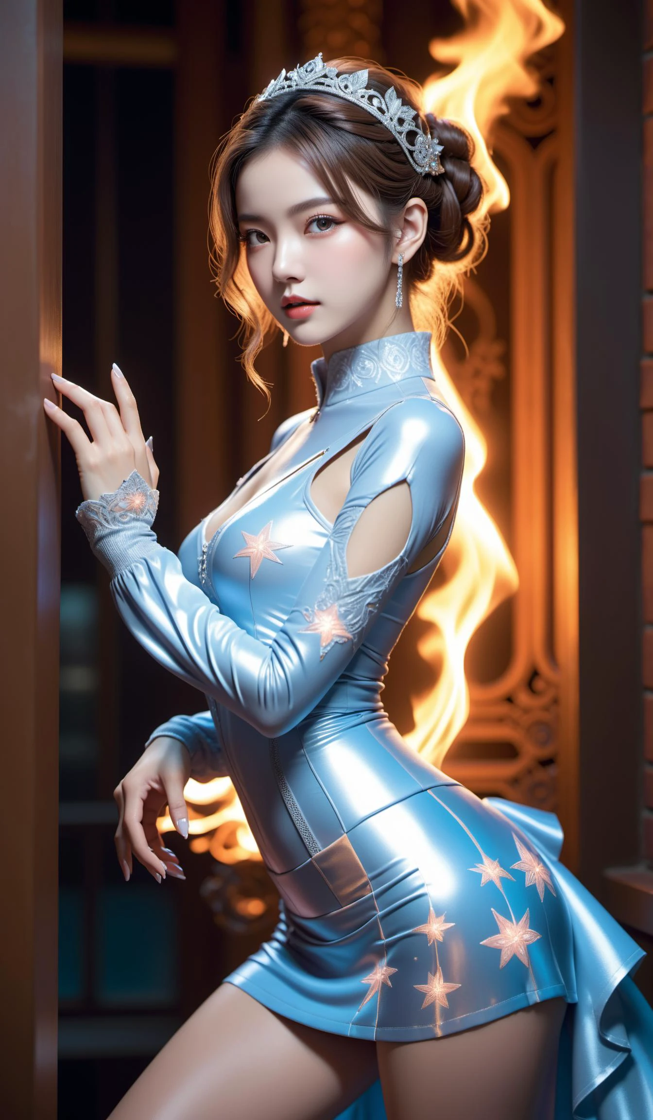 (Best quality,masterpiece,ultra realistic:1.3), (extremely intricate masterful beautiful:1.3),(hyperrealistic photography,Panorama,photorealistic:1.4),(extremely ultra-detailed),RAW, (natural skin, detailed skin),(skindentation:0.3),(Rococo:1.4),(Art Nouveau:1.3),(vivid colors:1.3),(close portrait:1.3),(Beautiful fractal art:1.3),(((photo raw)), cinematic lighting and Natural Light vibrant colors and Fisheye Distortion and Infrared Effect , ,),peerlessly beautiful idol, beautiful detailed eyes,(fashion wear,see-through_clothing),(Elegant posture),shine,glowing,sparkling, film grain texture,analog photography aesthetic,dynamic composition,beautiful spirals,energy coalescing and vibrating,(dynamic angle,dynamic pose),(full_body:1.3),Lying down,sad,disdainful ,
wearing see-through wedding_dress,(((very short miniskirt))),charming,alluring,seductive,enchanting,cleavage,exposed,
(female virtual reality designer, fifty-something, lithe, polynesian, deep blue eyes, gauged ears, pointed jaw, unique forehead, round face shape, delicate nails, soft and ethereal makeup , chestnut mohawk hair, astonishment, neural link, character stands tall, arms extended forward, fingers in a claw-like gesture, simulating a neural connection, wearing circuit paths print salmon holographic jogger pants, iceblue robotic resin quantum striped leggings, quantum neon beanie, ,, swift dash, character leans forward, legs extending backward, suggesting a quick and agile movement),(keyhole back,,high slit, Tie Closure,,Hi-Lo Hem,,Front Pockets,,back darts,,Ruffle Details),(opalescent spellbinding amber, shiny, white gold, strength, oil treatment, rare, whimsical, ancient, spiritual and meditation),( village hectic street life,river,parapet),(periwinkle doorway),(city halls, brick,polycarbonate panels,clay tiles roof, Tiki Torches with Fire,In-Ground Well Lights, pond and pool lighting),
(Around floating colorful fire:1.4)the most beautiful form of chaos,
(stars:1.4),
SimplePositiveXLv2,