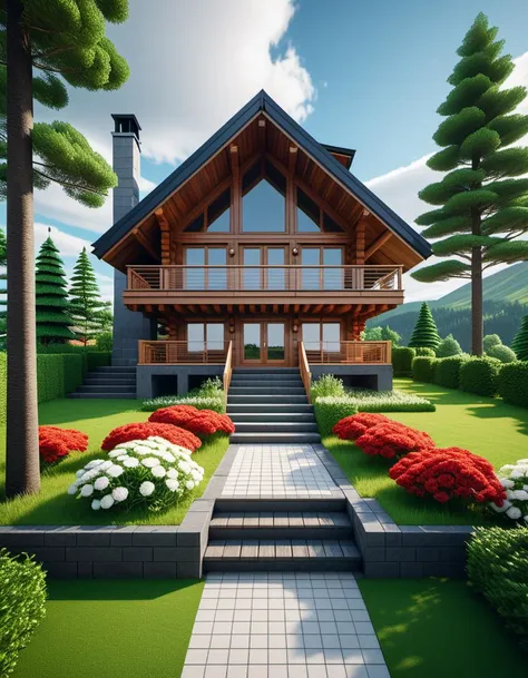 Wide angle voxel-style digital illustration, (Chalet-style wooden house in forest:1.3), Central perspective composition, Dark wood structure, Sloped roof with overlapping planks, (Grid-patterned large windows:1.2), Triangular roof, Gray chimney, (Gray block stairway leading to terrace:1.2), Elevated wooden terrace with railing, Green potted bushes, (Surrounding tall square-trunk trees:1.3), Vivid green leaves, Uniform canopies, (Blocky terrain of earth and grass:1.2), Scattered red and white flowers, Random bushes, Gray stone path encircling house, Blue sky with voxel white clouds, Bright lighting, Warm and colorful ambiance, Pixelated clarity, Vivid and sharp detailing.Masterpiece,best quality,hi res,8k,hi res,8k,award winning,(sharp focus, intricate, highly detailed),