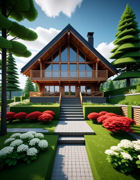 Wide angle voxel-style digital illustration, (Chalet-style wooden house in forest:1.3), Central perspective composition, Dark wood structure, Sloped roof with overlapping planks, (Grid-patterned large windows:1.2), Triangular roof, Gray chimney, (Gray block stairway leading to terrace:1.2), Elevated wooden terrace with railing, Green potted bushes, (Surrounding tall square-trunk trees:1.3), Vivid green leaves, Uniform canopies, (Blocky terrain of earth and grass:1.2), Scattered red and white flowers, Random bushes, Gray stone path encircling house, Blue sky with voxel white clouds, Bright lighting, Warm and colorful ambiance, Pixelated clarity, Vivid and sharp detailing.Masterpiece,best quality,hi res,8k,hi res,8k,award winning,(sharp focus, intricate, highly detailed),