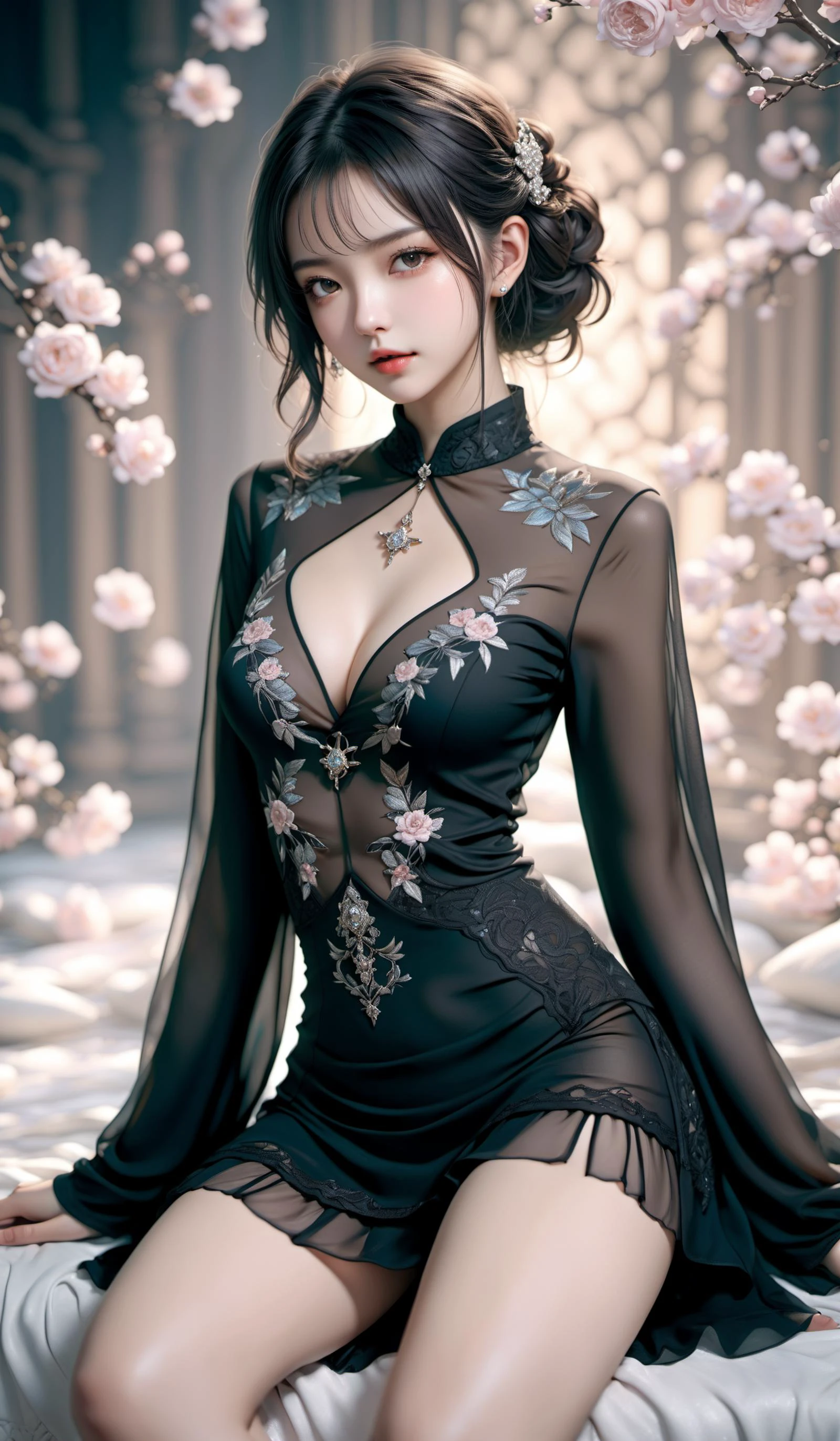 (Best quality,masterpiece,ultra realistic:1.3), (extremely intricate masterful beautiful:1.3),(hyperrealistic photography,Panorama,photorealistic:1.4),(extremely ultra-detailed),RAW, (natural skin, detailed skin),(skindentation:0.3),(Rococo:1.4),(Art Nouveau:1.3),(vivid colors:1.3),(close portrait:1.3),(Beautiful fractal art:1.3),(bg/photo),peerlessly beautiful idol, beautiful detailed eyes,(fashion wear,see-through_clothing),(Elegant posture),shine,glowing,sparkling, film grain texture,analog photography aesthetic,dynamic composition,beautiful spirals,energy coalescing and vibrating,(dynamic angle,dynamic pose), ({Close-up photo|whole_body|full_body}:1.3),({lie_down|standing|sitting|Lying down|W-sitting}:1), sad,disdainful ,{long | medium | short} hair,
wearing see-through ({gothic outfit|ballgown|gown|cheongsam|wedding_dress|china_dress|kimono|woman_clothes}:1),(((very short miniskirt))),charming,alluring,seductive,enchanting,cleavage,exposed,
(Bo/Chars/char*/female/*),(Bo/clothings/random*),(clothings*/female-attire),(Bo/jewelry/random*),(Bo/scenes/random*),(Bo/creative/random*),(Bo/constructions/random*),
(Around floating colorful {wind|water magic|ice|ink|crystals|fire|flame|lightning|web|rocks|sand|particles|sparkles|swirling petals|blood|bubbles}:1.4)the most beautiful form of chaos,
({square|star|hexagon|rectangle|geometric|pentagram|hexagram|stars|book|ColoredBubbles}:1.4),SimplePositiveXLv2