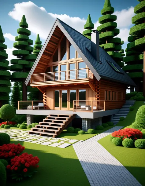 Wide angle voxel-style digital illustration, (Chalet-style wooden house in forest:1.3), Central perspective composition, Dark wood structure, Sloped roof with overlapping planks, (Grid-patterned large windows:1.2), Triangular roof, Gray chimney, (Gray block stairway leading to terrace:1.2), Elevated wooden terrace with railing, Green potted bushes, (Surrounding tall square-trunk trees:1.3), Vivid green leaves, Uniform canopies, (Blocky terrain of earth and grass:1.2), Scattered red and white flowers, Random bushes, Gray stone path encircling house, Blue sky with voxel white clouds, Bright lighting, Warm and colorful ambiance, Pixelated clarity, Vivid and sharp detailing.Masterpiece,best quality,hi res,8k,hi res,8k,award winning,(sharp focus, intricate, highly detailed),