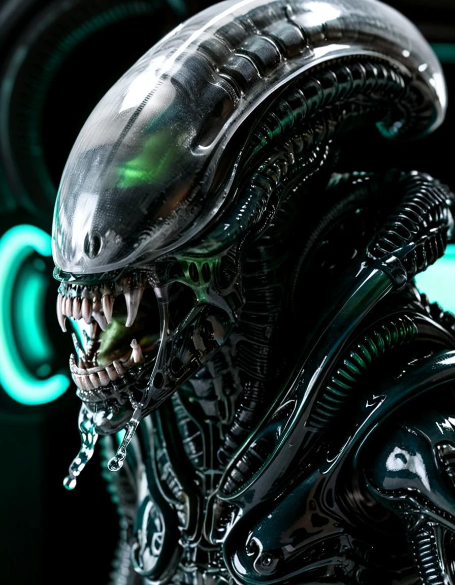 Close-up digital illustration, (Xenomorph1024 bust with transparent skin:1.3), Centered composition, Exposed internal anatomy, Visible musculature and veins, (black metallic fangs:1.4), green Acidic saliva dripping from mouth, Curved biomechanical structure, (Dimly lit spaceship interior:1.3), Complex panels and circuitry, Reflective metallic textures, (Soft green and blue ambient lighting:1.2), Acid droplets glowing on surfaces, Diffuse reflections, Glowing screens, Stark contrasts, Futuristic sci-fi atmosphere.<lora:Xenomorph1024:0.7> ,Masterpiece,best quality,hi res,8k,hi res,8k,award winning,(sharp focus, intricate, highly detailed),