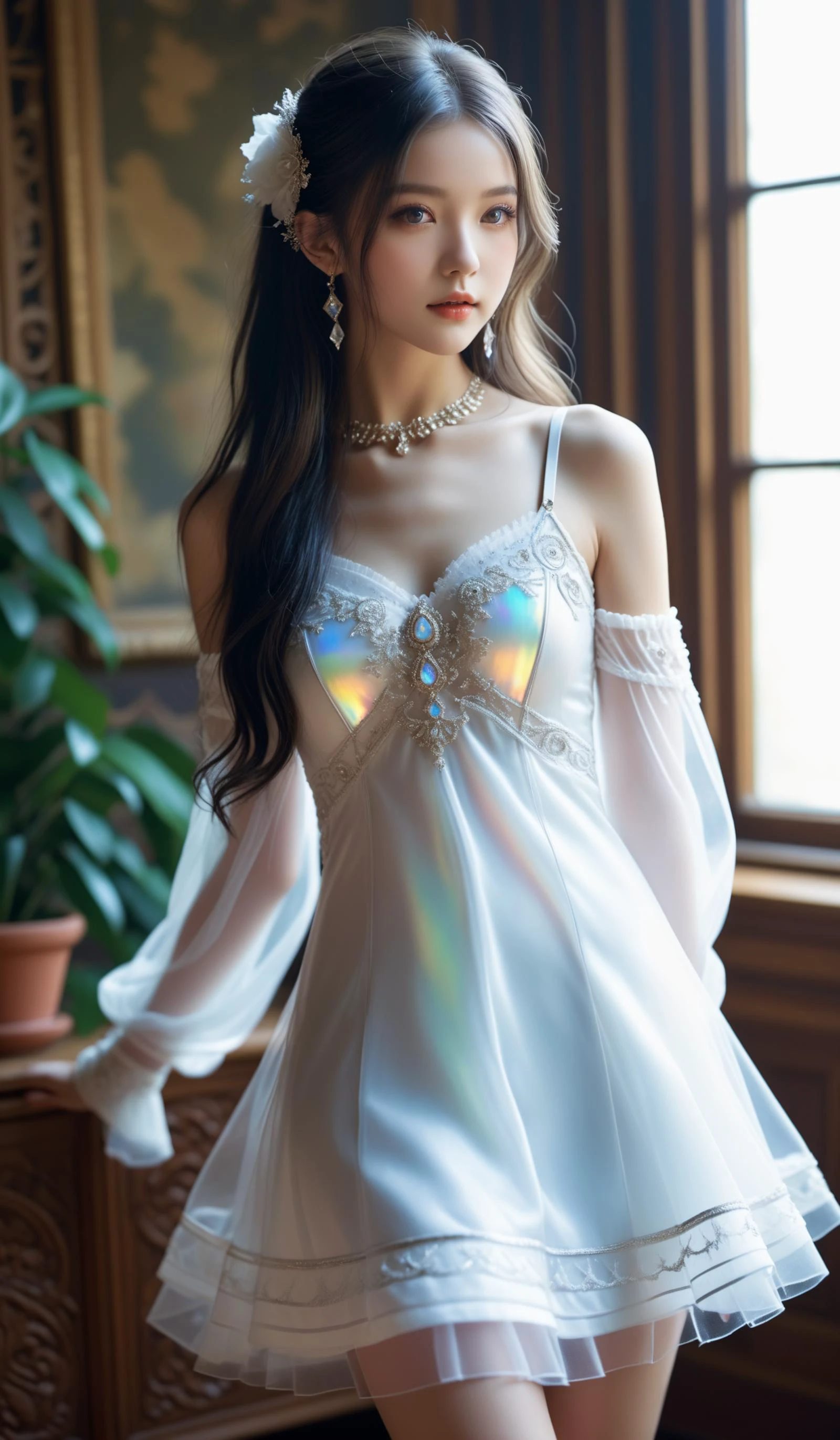 (Best quality,masterpiece,ultra realistic:1.3), (extremely intricate masterful beautiful:1.3), (hyperrealistic photography,photorealistic:1.4),(extremely ultra-detailed),RAW, (natural skin, detailed skin),(skindentation:0.3),(Art Nouveau:1.3),(vivid colors:1.3),(close portrait:1.3),(Beautiful fractal art:1.3),(((photo raw)),),girl,1girl,peerlessly beautiful idol, beautiful detailed eyes,showing fashion wear,(see-through_clothing),(very_long_hair),(Elegant posture),shine,glowing,sparkling, film grain texture,analog photography aesthetic,dynamic composition,beautiful spirals,energy coalescing and vibrating,(dynamic angle,dynamic pose),(Close-up photo:1.3),(standing:1),
gothic_ta,wearing see-through (gown:1),(((very short miniskirt))),charming,alluring,seductive,enchanting,
(),(hoop earrings, glittering included (i3) opal, barion cut, step cut facets, 6.00 carat, sparkling, opalescent, enamel, scratch-resistant, strength, color enhancement, channel setting, artisan-crafted, rare, renaissance, gothic revival, talisman and amulets),(deep sea, mountain sunrise),(collapsing confectionery),(bedroom, air conditioner,Indoor Plants, natural stone tiles (excluding those mentioned before),Conglomerate stone, Bioluminescent Organisms, gobo lighting),
SimplePositiveXLv2