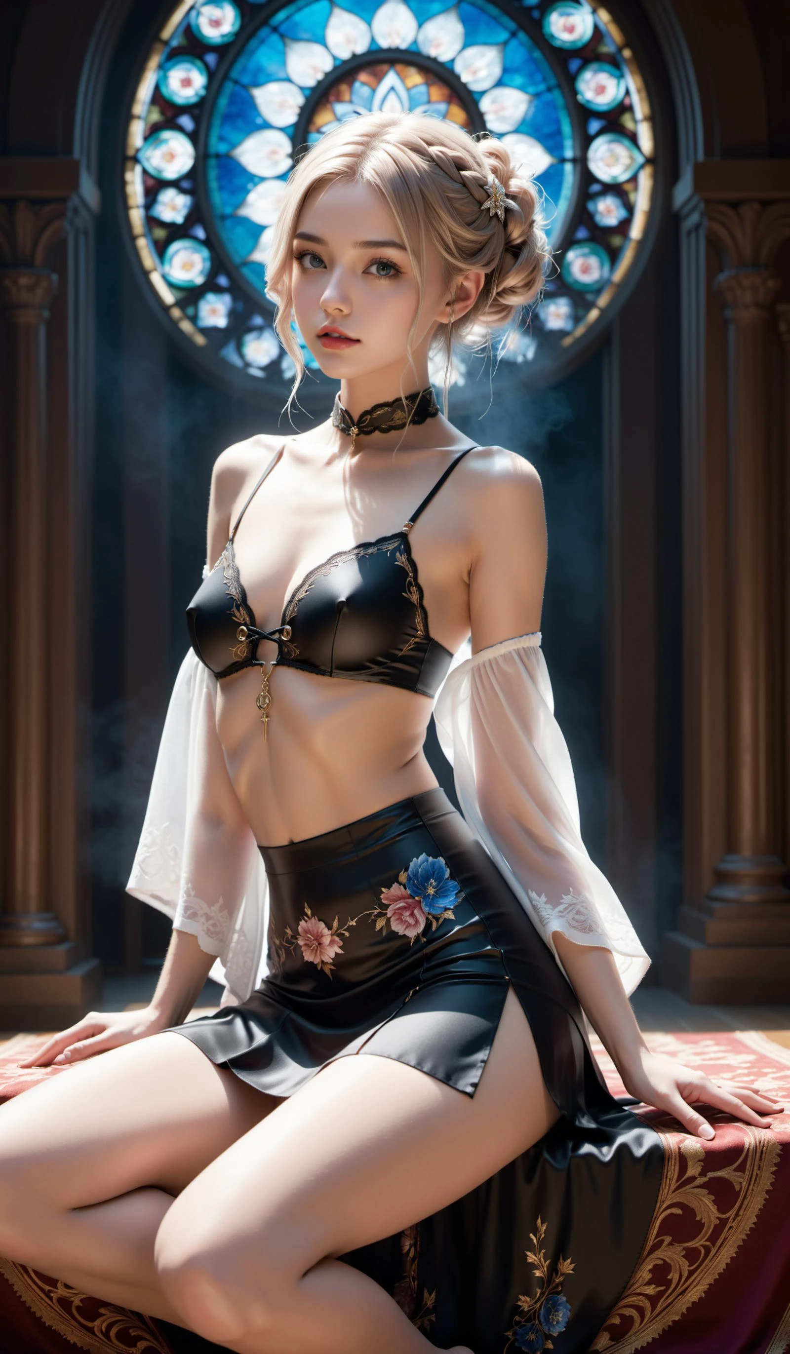 (Best quality,masterpiece,ultra realistic:1.3), (extremely intricate masterful beautiful:1.3),(hyperrealistic photography,Panorama,photorealistic:1.4),(extremely ultra-detailed),RAW, (natural skin, detailed skin),(skindentation:0.3),(Rococo:1.4),(Art Nouveau:1.3),(vivid colors:1.3),(close portrait:1.3),(Beautiful fractal art:1.3),(((photo raw)), rossdraws global illumination and Hard Edge Lighting sharp focus and volumetrics dtx and Grain/Noise Texture , ,),peerlessly beautiful idol, beautiful detailed eyes,(fashion wear,see-through_clothing),(Elegant posture),shine,glowing,sparkling, film grain texture,analog photography aesthetic,dynamic composition,beautiful spirals,energy coalescing and vibrating,(dynamic angle,dynamic pose),(Close-up photo:1.3),kneeling ,sad,disdainful ,
gothic_ta,wearing see-through kimono,(((very short miniskirt))),charming,alluring,seductive,enchanting,cleavage,exposed,(Dreamwave:1.22),
(mesmerizing visible inclusions ruby, barion cut, checkerboard cut facets, 3.00 carat, spellbinding, sparkled, aluminum, sturdy, tenacity, surface coating, eight-prong setting, natural, semi-precious, minimalist, retro modern, religious symbols),( gothic architecture stained glass window,mantel,bell tower),(time papermaking studio),(astral projection chamber, washing machine,Magical Artifacts,Precious Gemstones, carpet,Laid-in Weft Patterning tapestry, Bioluminescent Organisms, wall washing,fantasy),
(Around floating colorful flame:1.4)the most beautiful form of chaos,
(square:1.4),
SimplePositiveXLv2,