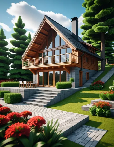 Wide angle voxel-style digital illustration, (Chalet-style wooden house in forest:1.3), Central perspective composition, Dark wood structure, Sloped roof with overlapping planks, (Grid-patterned large windows:1.2), Triangular roof, Gray chimney, (Gray block stairway leading to terrace:1.2), Elevated wooden terrace with railing, Green potted bushes, (Surrounding tall square-trunk trees:1.3), Vivid green leaves, Uniform canopies, (Blocky terrain of earth and grass:1.2), Scattered red and white flowers, Random bushes, Gray stone path encircling house, Blue sky with voxel white clouds, Bright lighting, Warm and colorful ambiance, Pixelated clarity, Vivid and sharp detailing.Masterpiece,best quality,hi res,8k,hi res,8k,award winning,(sharp focus, intricate, highly detailed),