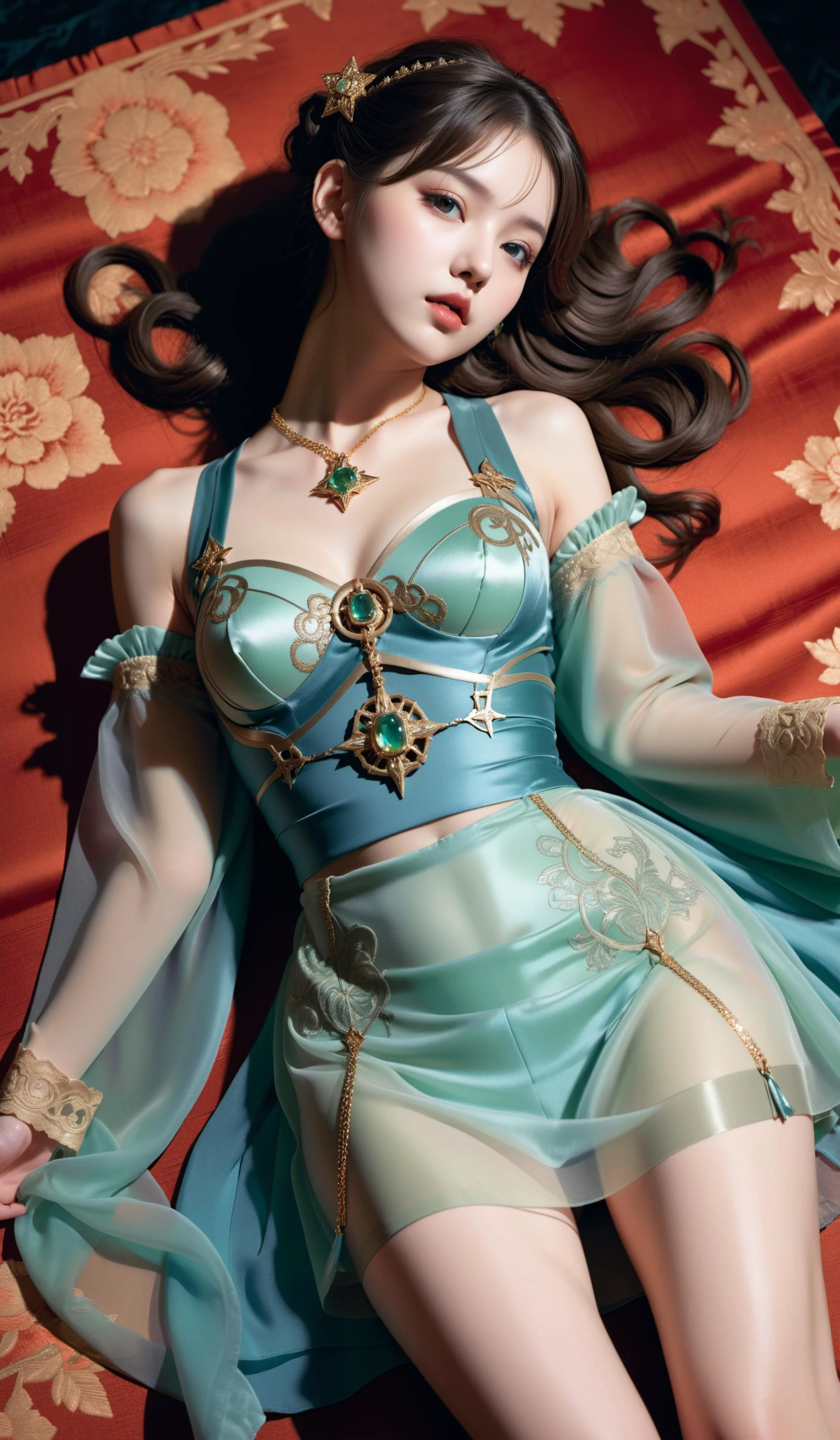 (Best quality,masterpiece,ultra realistic:1.3), (extremely intricate masterful beautiful:1.3), (hyperrealistic photography,Panorama,photorealistic:1.4),(extremely ultra-detailed),RAW, (natural skin, detailed skin),(skindentation:0.3),(Art Nouveau:1.3),(vivid colors:1.3),(close portrait:1.3),(((photo raw)),),(Beautiful fractal art:1.3),peerlessly beautiful idol, beautiful detailed eyes,(showing fashion wear,see-through tulle,chiffon clothing),(Elegant posture),shine,glowing,sparkling, film grain texture,analog photography aesthetic,dynamic composition,beautiful spirals,energy coalescing and vibrating,(dynamic angle,dynamic pose),(full_body:1.3),(Lying down:1), sad,disdainful ,
gothic_ta,wearing see-through (kimono:1),(((very short miniskirt))),charming,alluring,seductive,enchanting,cleavage,exposed,
(transcending druidic robes, seer's sandals, celestial diadem, ),(locket, opalescent numerous inclusions chrysoberyl, radiant cut, facet pattern, 1.25 carat, resplendent, glittered, yellow gold, resilient, wear resistance, oil treatment, double prong setting, artisan-crafted, one-of-a-kind, vintage revival, rococo, zodiac signs),(meadows, peak,dusk),(steelblue oceanic psionic moonstone),(fairy queen's emerald palace, ceramic tiles, Campfires, laser lights),
(Around floating colorful ink:1.4)the most beautiful form of chaos,
(floating_glowing colorful star:1.3),
SimplePositiveXLv2,