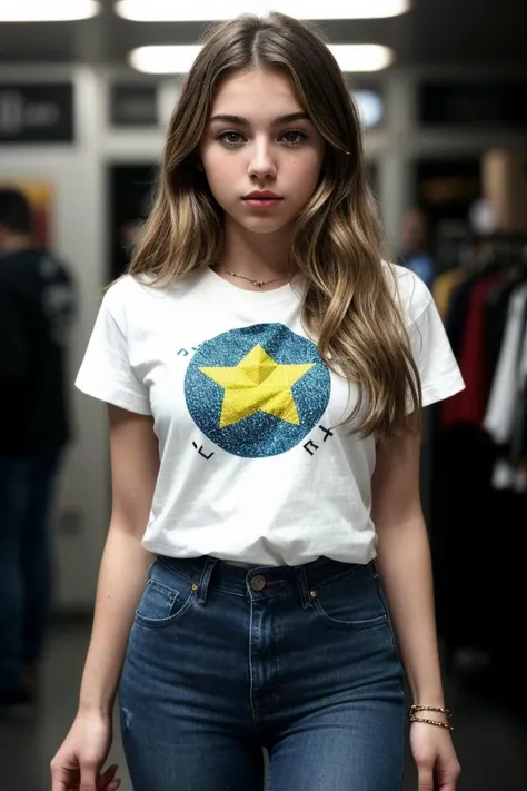 (femme) , (European) , (Blonde) , (yeux bleus) , (attirante) , (naturel) , (dressed) , (tee-shirt) , (pantalon) , (lunette) , (portrait)