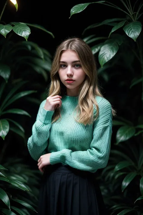 photo of fit (Z0eM00reV2-135:0.99), a beautiful woman, perfect hair, (modern photo), wearing a (long sleeved sweater:1.2) and long skirt with jewelry, portrait, 85mm, (analog, cinematic, film grain:1.3), (Bioluminescent Jungle, Dense jungle of glowing plants and creatures.), detailed eyes, professional pose, painted lips, (epiCPhoto), (looking at viewer:1.1), jewelry, (cinematic shot:1.3), (natural lighting, lit from above), <lora:add_detail:0.5>