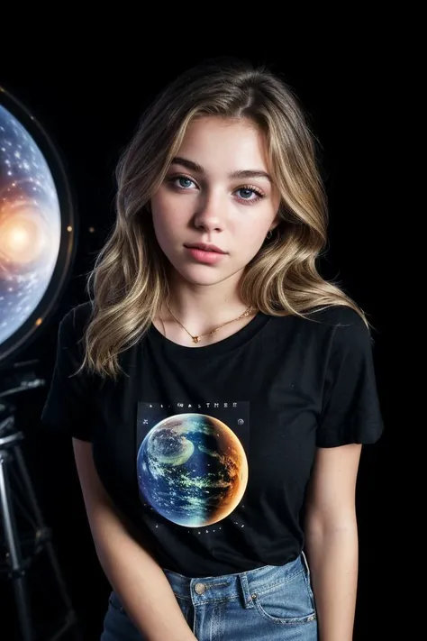 photo of fit (Z0eM00reV2-135:0.99), a beautiful woman, perfect hair, (modern photo), wearing a (crew neck t-shirt:1.2) and jeans with jewelry, portrait, 85mm, (analog, cinematic, film grain:1.3), (Galactic Observatory, Space observatory studying distant galaxies, black holes, and cosmic phenomena.), detailed eyes, professional pose, painted lips, (epiCPhoto), (looking at viewer:1.1), jewelry, (cinematic shot:1.3), (natural lighting, lit from above), <lora:add_detail:0.5>