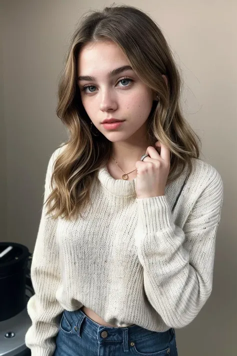 photo of fit (Z0eM00reV2-135:0.99), a beautiful woman, perfect hair, (modern photo), wearing a (long sleeved sweater:1.2) and jeans with jewelry, portrait, 85mm, (analog, cinematic, film grain:1.3), (Rover Repair Station, Facility for Mars rover maintenance, diagnostics, spare parts, and testing.), detailed eyes, professional pose, painted lips, (epiCPhoto), (looking at viewer:1.1), jewelry, (cinematic shot:1.3), (natural lighting, lit from above), <lora:add_detail:0.5>