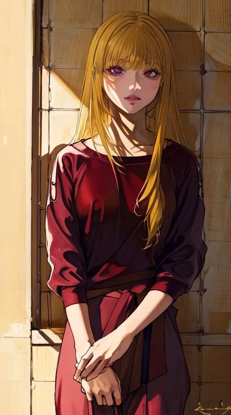 ratte867, 1girl, solo, (light yellow hair:1.2), Long layers, (maroon clothes:1.2) <lora:ratte867-LoRA:1>, masterpiece, best quality, photorealistic, realistic, (RAW photo, 8k uhd, film grain), caustics, subsurface scattering <hypernet:myhands_22k:0.75>