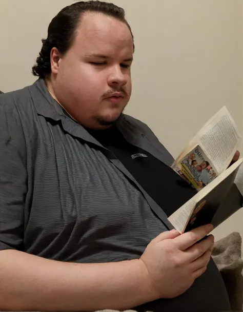 <lora:XL_gahoole_v4:1.1>, 1boy, reading book, facial hair, male focus, solo, realistic, short hair, black hair, fat,