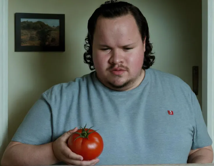 <lora:XL_gahoole_v4:1.1>, 1boy, holding tomato, facial hair, male focus, solo, realistic, short hair, black hair, fat,