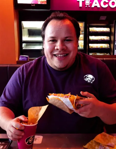 <lora:XL_gahoole_v5:1>, gah00le, solo, grin, smiling, ordering food at taco bell