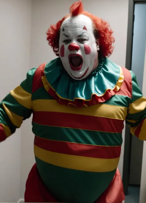 <lora:XL_gahoole_v4:1.1>, 1boy, yelling,  smiling, male focus, solo, realistic, clown suit, standing,, short hair, black hair, fat,