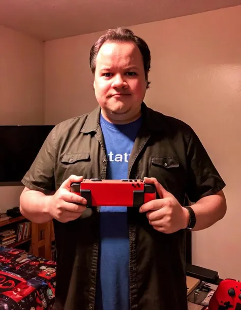 <lora:XL_gahoole_v5:1>, gah00le, holding a nintendo switch
