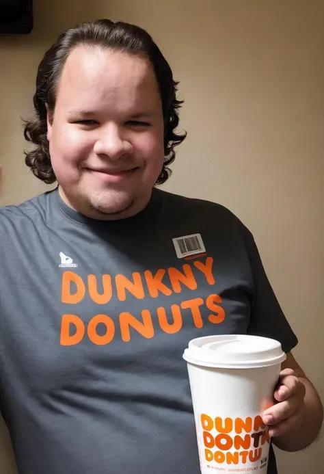 <lora:XL_gahoole_v4:1.2>, 1boy, solo, shirt, short hair, brown hair, grin, holding dunkin donuts coffee cup