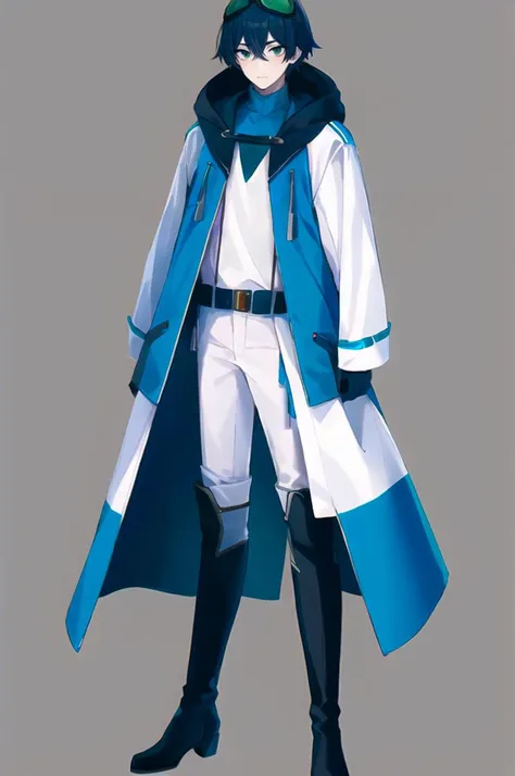 <lora:Merlusa-46:0.8> merlusa, simple background,
ultra detailed, masterpiece, best quality, solo, full body,
1boy, green eyes, short hair, black hair, bangs, hair between eyes, messy hair,
goggles on head, headband, white coat, hooded coat, hood down, open coat, turtleneck, capri pants, pants, black knee boots,