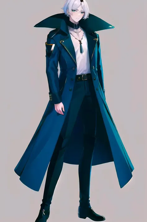 <lora:Merlusa-46:0.8> merlusa, simple background,
ultra detailed, masterpiece, best quality, solo, full body, black and green theme,
1boy, teal eyes, <lora:Tsurime3:1>, (tsurime:1.2), parted bangs, white hair, medium hair, straight hair, shoulder-length hair, male focus,
coat, shirt, pants, studded belt, multiple belts, combat boots, torn clothes, necklace,