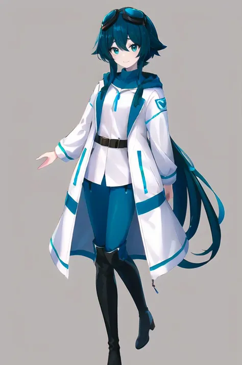 <lora:Merlusa-46:0.8> merlusa, simple background,
ultra detailed, masterpiece, best quality, solo, full body,
smile,
1girl, (teal eyes:1.1), (aqua eyes:0.45), (black hair:1.2), <lora:low_ponytail-1.0:0.95> low ponytail, ahoge, low ponytail, absurdly long hair, very long hair, (hair flaps:1.2), flipped hair, hair between eyes, bangs, messy hair, small breasts,
(goggles on head:1.3), hooded coat, open coat, turtleneck, capri pants, black knee boots, multiple belts, multiple straps, white long jacket, white coat, (half-skirt:0.65), layered clothes, hair ribbon,