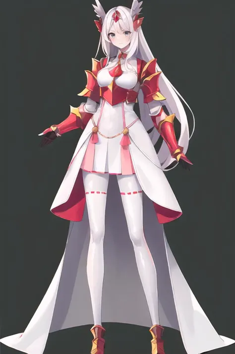 <lora:Merlusa-46:0.8> merlusa, simple background,
ultra detailed, masterpiece, best quality, solo, full body,
serious,
1girl, (white eyes:1.1), (grey eyes:1.3), white hair, very long hair, parted hair, parted bangs, <lora:parted_hair_v1.3:1.35>, medium breasts,
valkyrie, (bodysuit:1.1), pink wing hair ornament, grey armored skirt, black bodysuit, armor, gauntlets, pink breastplate, greaves, armored dress, pink hues,