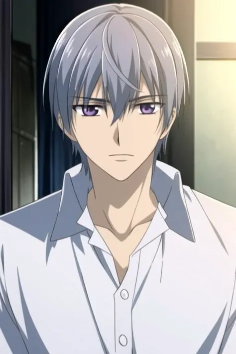 masterpiece, best quality, movie still, 1boy, solo, male focus, looking at viewer, upper body, , ligne claire, , <lora:zero_kiryuu:0.72>, zero_kiryuu, grey hair, purple eyes