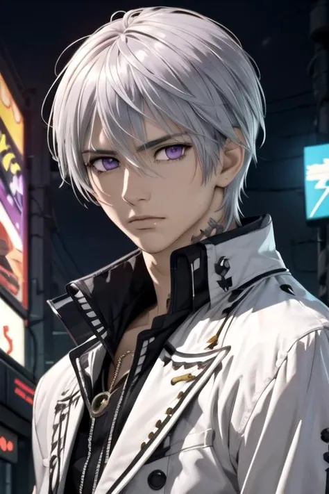masterpiece, best quality, , 1boy, solo, male focus, looking at viewer, upper body, depth of field, anime coloring, , <lora:zero_kiryuu:0.72>, zero_kiryuu, grey hair, purple eyes, pirate costume, science fiction cyberpunk,