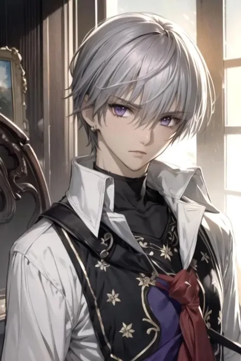 masterpiece, best quality, sketch, 1boy, solo, male focus, looking at viewer, upper body, , ligne claire, , <lora:zero_kiryuu:0.72>, zero_kiryuu, grey hair, purple eyes, medieval costume, science fiction time travel,