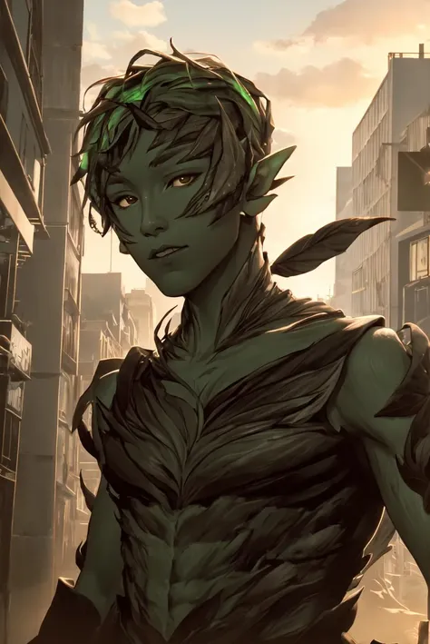 highres, sharp focus, pixiv masterpiece, ((intricate details)), highly detailed, 1boy, colored skin, trahearne, green skin, <lora:Trahearne_Guilt_Wars_2:0.75>, city on background