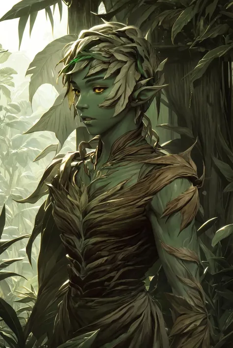 highres, sharp focus, pixiv masterpiece, ((intricate details)), highly detailed, 1boy, colored skin, trahearne, green skin, <lora:Trahearne_Guilt_Wars_2:0.75>, rainforest on background