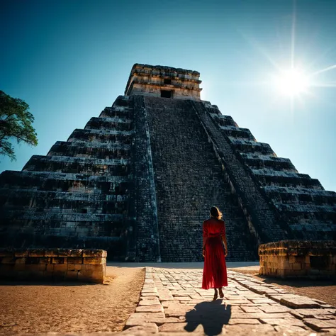 (((In front of the Chichen Itza pyramid in Mexico))), volumetric lighting, vibrant colors, 4k epic detailed, shot on kodak, 35mm photo, sharp focus, high budget, cinemascope, moody, epic, gorgeous, film grain, grainy, low key photography, dramatic lighting, intense emotions, cinematic feel, mysterious ambiance, emphasizing shape and form, creating depth, evoking drama, storytelling through shadows, professional technique,professional lighting, imaginative concept, creative styling, otherworldly aesthetic, surreal visual, captivating narrative, intricate detail, fantastical landscape, editorial storytelling, professional lighting, creating visual impact, evoking emotion, pushing creative boundaries <lora:add-detail-xl:2> <lora:Cosine_freck:1>