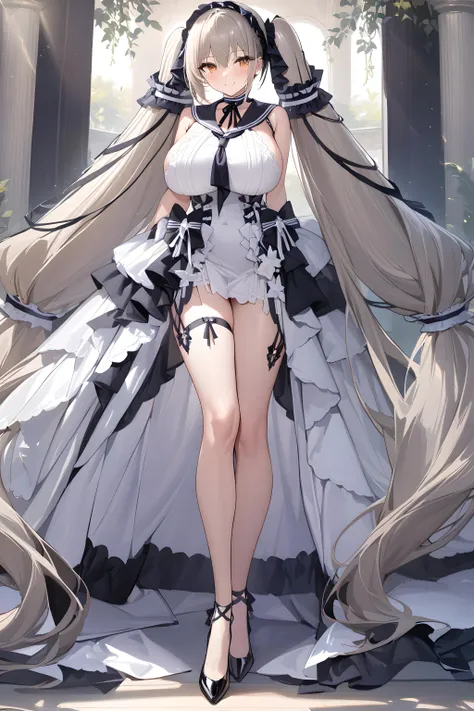 (masterpiece),(best quality),(ultra-detailed),(best illustration),(best shadow),(absurdres),(detailed background),(very aesthetic), formidable, 1girl, long hair, absurdly long hair, dress, solo, very long hair, breasts, twintails, white dress, official alternate costume, full body, black footwear, simple background, high heels, black sailor collar, timeless_classics, smile,  <lora:formidablebooru:1>