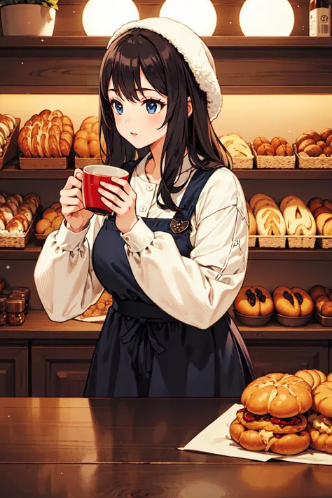 (masterpiece),(best quality:1.6), (ultra-detailed),girl,winter, bakery , tea,detailed background,