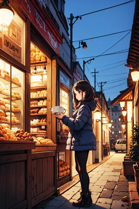 (masterpiece),(best quality:1.6), (ultra-detailed),girl,winter, bakery , tea,detailed background,