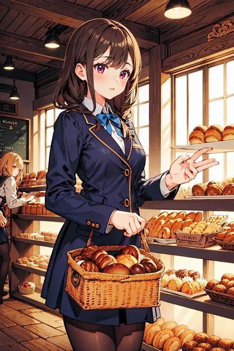 (masterpiece),(best quality:1.6), (ultra-detailed),2girl hand grab,winter, bakery ,school uniform ,detailed background,